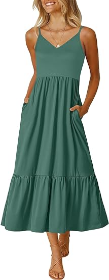 Women's 2024 Summer Dress Casual V Neck Spaghetti Strap Swing Dresses Flowy Beach Vacation Maxi Sundress